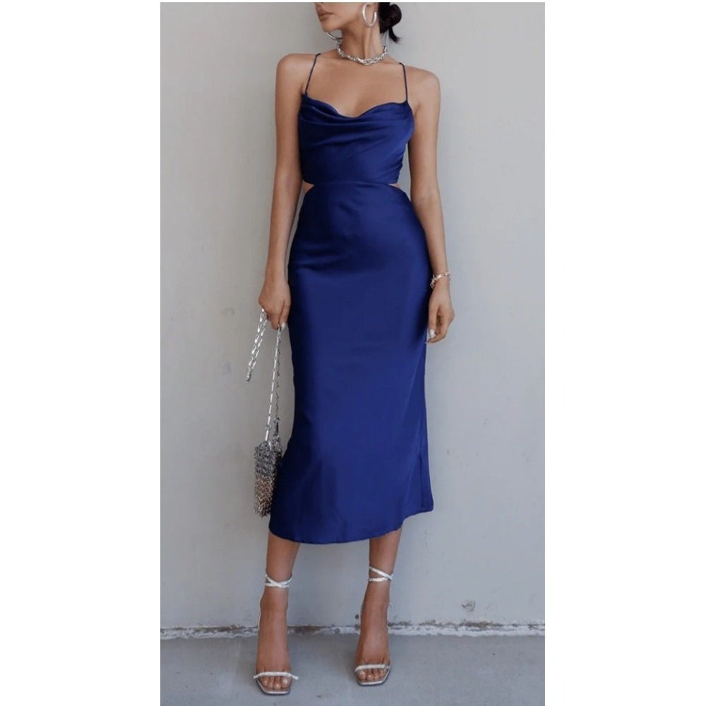 RNWY Charis Satin Cowl Neck Open Back Maxi Dress Royal Blue Spaghetti Strap Sz 4